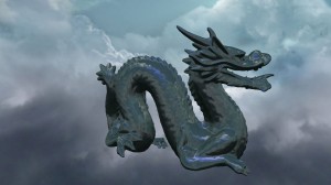 A rendering of a dragon with lighting and environment mapping.