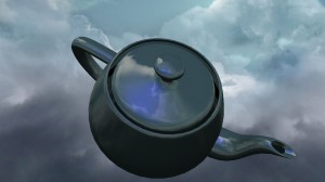 A rendering of a teapot with lighting and environment mapping.