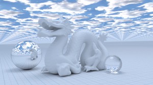 Render of the Dragon model available from the Stanford 3D Scanning Repository.  100,000 triangles.  1,005 samples.