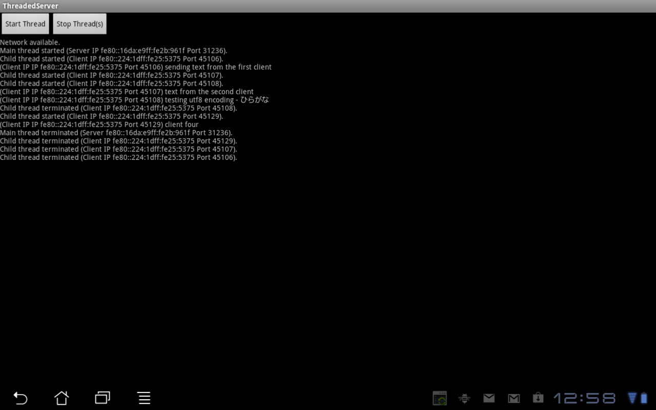 Screen capture of the server application running on an Android tablet.